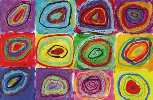 Abstract multicolored art with circles and squares by for Kidspirit Online by Eliie Green. Art by Ellie Green.