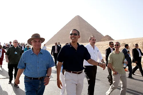 rhetorician barack obama at pyramids during 2009 cairo visit. 