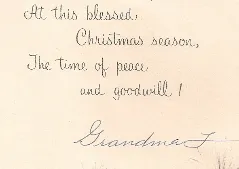 christmas-card-ruth-falconer I found this Christmas card tucked among my grandmother's pillowcases. Her handwriting was as meticulous as her needlework. Photos C B.F. Newhall