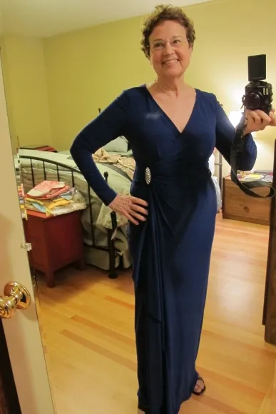 Purple-jersey-mother-of-the-groom-gown Purple jersey Lauren mother of the groom gown with V-neck and rhinestone brooch on sale at Bloomingdales for $161. Photo by BF Newhall
