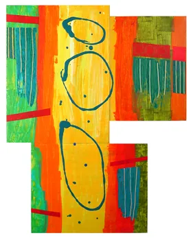 An abstract painting by Berkeley, CA, artist Judy Seidel has square yellow center with red stripes. Photo by BF Newhall