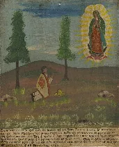 retablo-guadalupe-san-miguel-2009 Don Fausto Perez recorded his prayer to the Virgin of Guadalupe on a small retablo picturing her appearing to him. Photo c 2009 B.F. Newhall