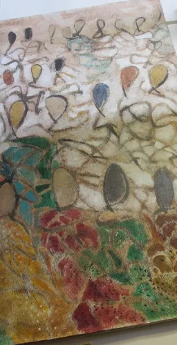 salma arastu painting detail with abstacted outlines of human heads. Photo by BF Newhall