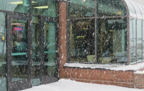 Fat snowflakes falling at the entrance to the Eden Prairie, MN, Community Center. Photo by BF Newhall.
