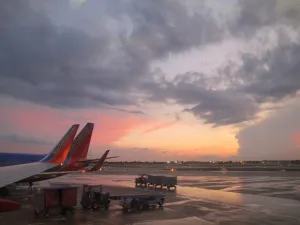 southwest airplane at gate on a rainy day. photo by BF Newhall