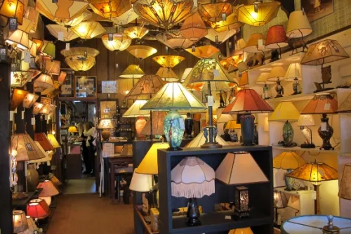 Hundreds of hand-crafted lampshades lend a soft glow to the Sue Johnson store. Photo by BF Newhall