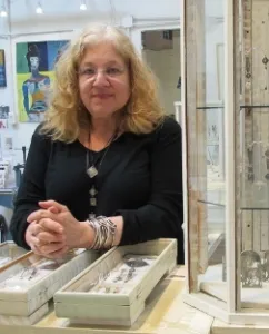 susan-brooks-jewelry-cases Jewelry artist Susan Brooks with jewelry cases in her Berkeley ca studio. PHoto by BF Newhall