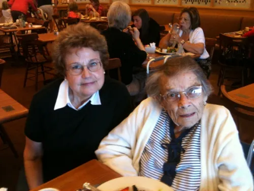 Barbara Falconer Newhall and Tinka Falconer at Nordstrom Cafe, Stanford, for lunch. Photo by BF Newhall.