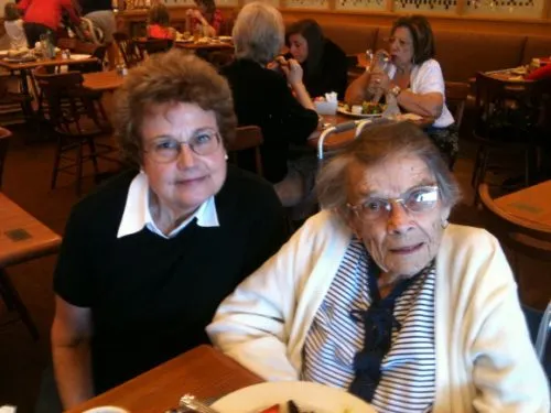 My mother's last words to me Barbara Falconer Newhall and Tinka Falconer at Nordstrom Cafe, Stanford, for lunch. Photo by BF Newhall.