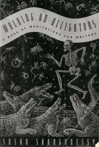 Cover of book, "Walking on Alligators," with skelton man walking on fierce alligators.
