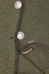 Loden green Walkjanker with dual button holes and Rudbertus coin buttons held with a ribbon. Photo by BF Newhall.