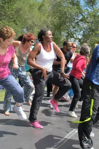 zumba-Barbara-Falconer-Newhall-&-teacher-toni Barbara Falconer Newhall Zumbas with teacher Toni. Photo by Jon Newhall