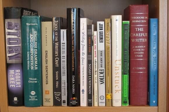 books on shelf by john gardener, sands hall, strunk and white, noah lukeman, robert mckee, theodore m bernstein, stephen koch, susan shaughnessy. Photo by Barbara Falconer Newhall